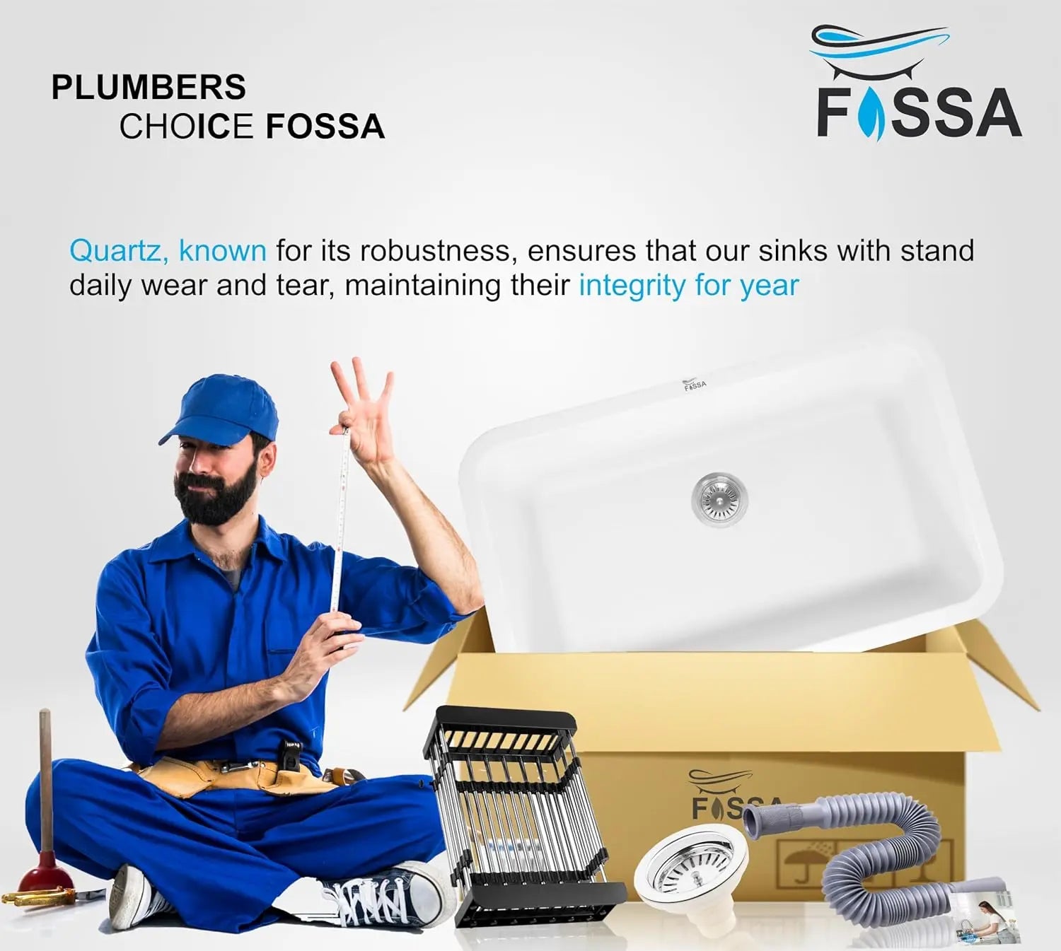 Fossa 31"x19"x09" Inch Granite Quartz Kitchen Sink Single Bowl with Basket, Coupling, Waste Pipe Quartz German Engineered Technology Kitchen Sink Easy-to-Clean Sink (White) Fossa Home