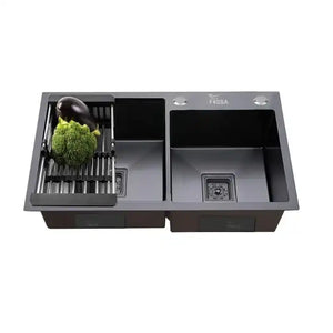 Fossa 32"x18"x10" Inch Double Bowl with Single Tap Hole Premium Handmade Kitchen Sink Black Fossa Home