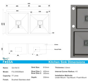 Fossa 32"x18"x10" Inch Double Bowl with Single Tap Hole Premium Handmade Kitchen Sink Black Fossa Home