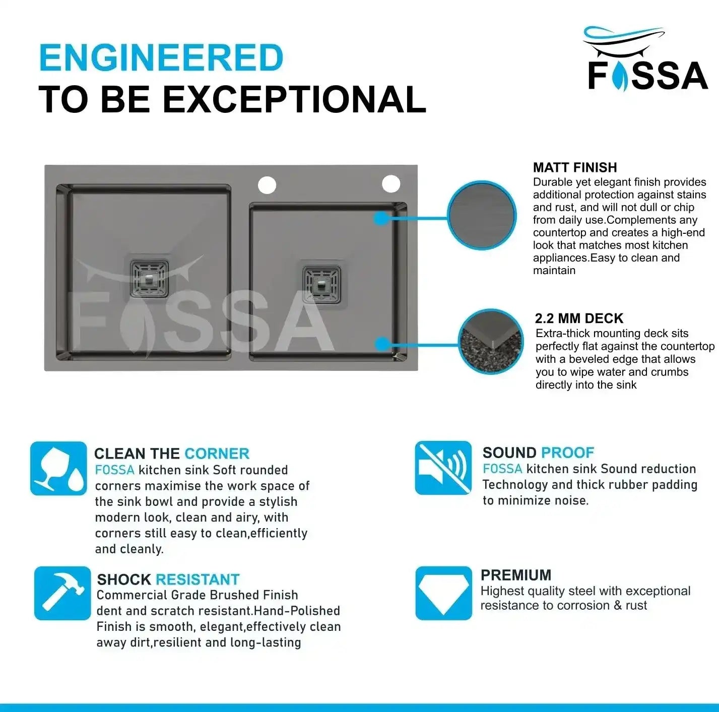 Fossa 32"x18"x10" Inch Double Bowl with Single Tap Hole Premium Handmade Kitchen Sink Black Fossa Home