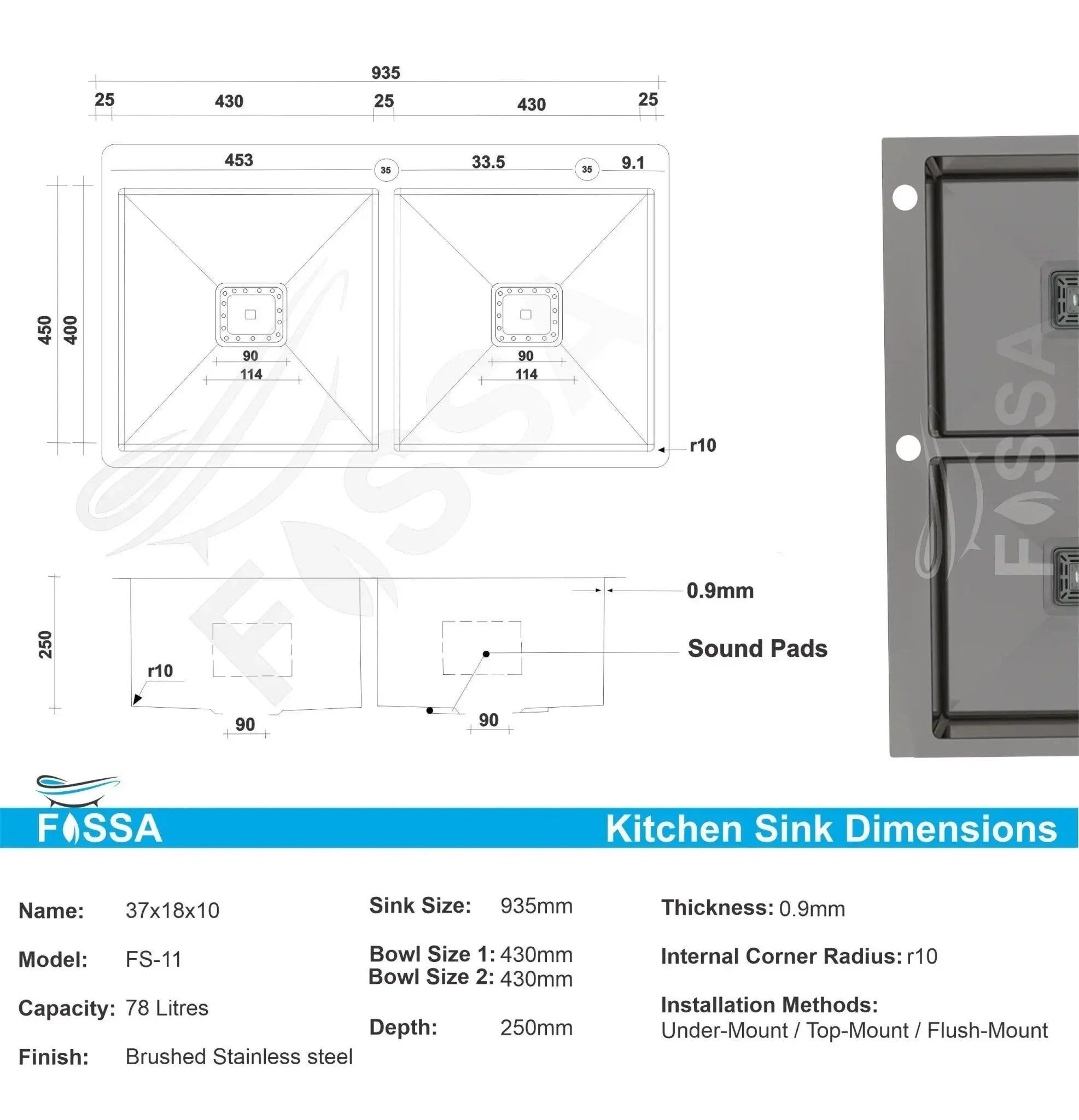 Fossa 37"x18"x10" Inch Double Bowl With Tap Hole Premium Stainless Steel Handmade Kitchen Sink Matte Finish Black Fossa Home