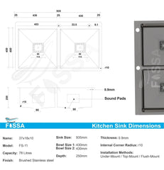 Fossa 37"x18"x10" Inch Double Bowl With Tap Hole Premium Stainless Steel Handmade Kitchen Sink Matte Finish Black Fossa Home