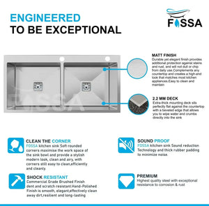 Fossa 37"x18"x10" Inch Double Bowl With Tap Hole Premium Stainless Steel Handmade Kitchen Sink Matte Finish Silver Fossa Home