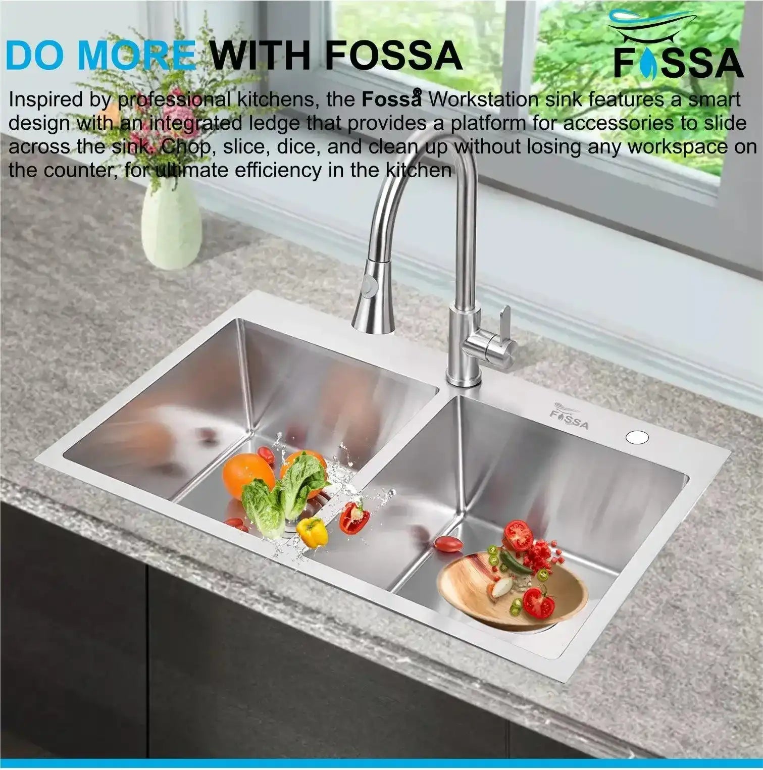 Fossa 37"x18"x10" Inch Double Bowl With Tap Hole Premium Stainless Steel Handmade Kitchen Sink Matte Finish Silver Fossa Home