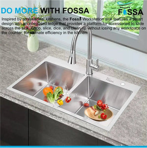 Fossa 37"x18"x10" Inch Double Bowl With Tap Hole Premium Stainless Steel Handmade Kitchen Sink Matte Finish Silver Fossa Home