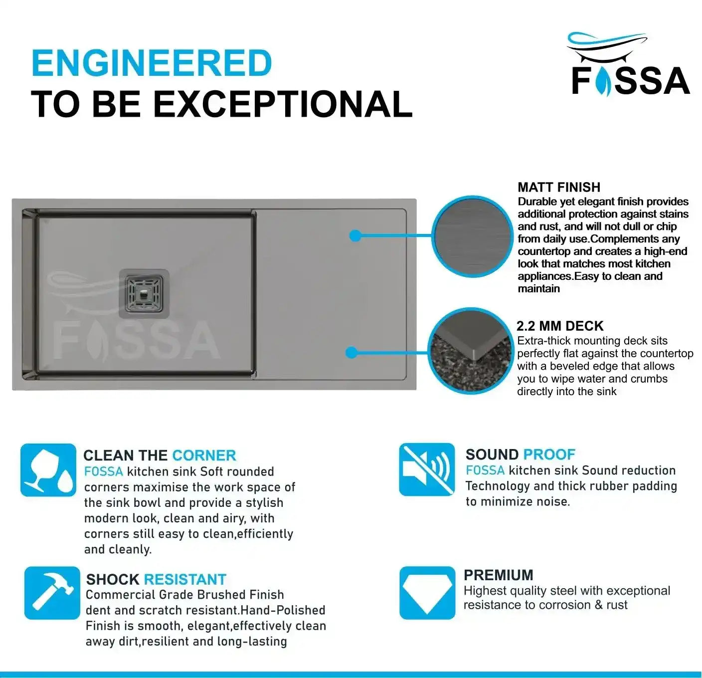 Fossa 37"x18"x10" Inch Single Bowl With Drain Board Premium Handmade Kitchen Sink Black Fossa Home