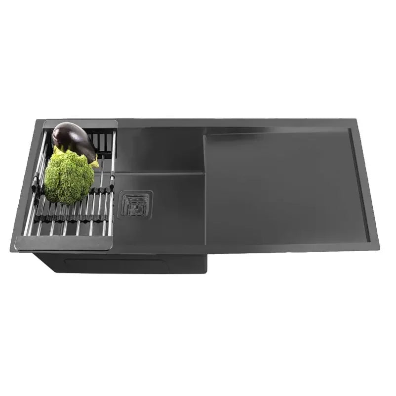 Fossa 37"x18"x10" Inch Single Bowl With Drain Board SS-304 Grade Handmade Kitchen Sink Black Fossa Home