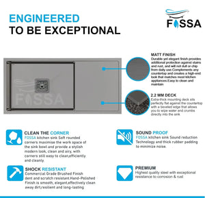 Fossa 37"x18"x10" Inch Single Bowl With Drain Board SS-304 Grade Handmade Kitchen Sink Black Fossa Home