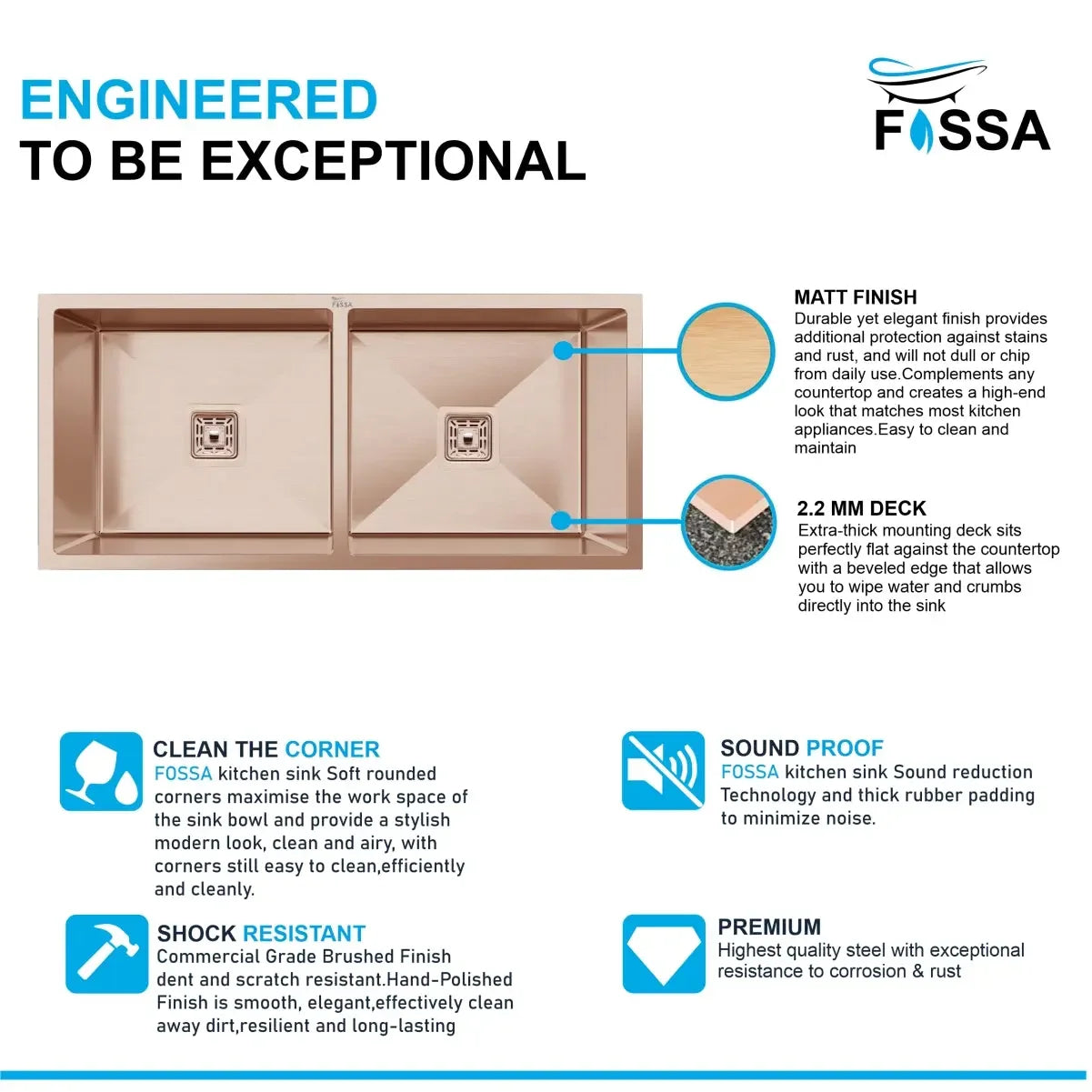 Fossa 45"x20"x10" Inch Double Bowl 304 Grade Handmade Kitchen Sink Rose Gold Fossa Home