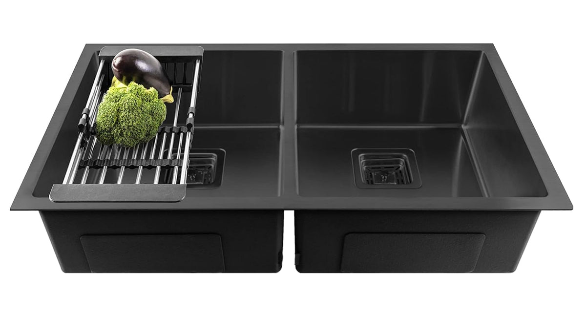 Fossa 45"x20"x10" Inch Double Bowl Honeycomb Embossed Kitchen Sink with Nano Coating (Black ) - Fossa Home 
