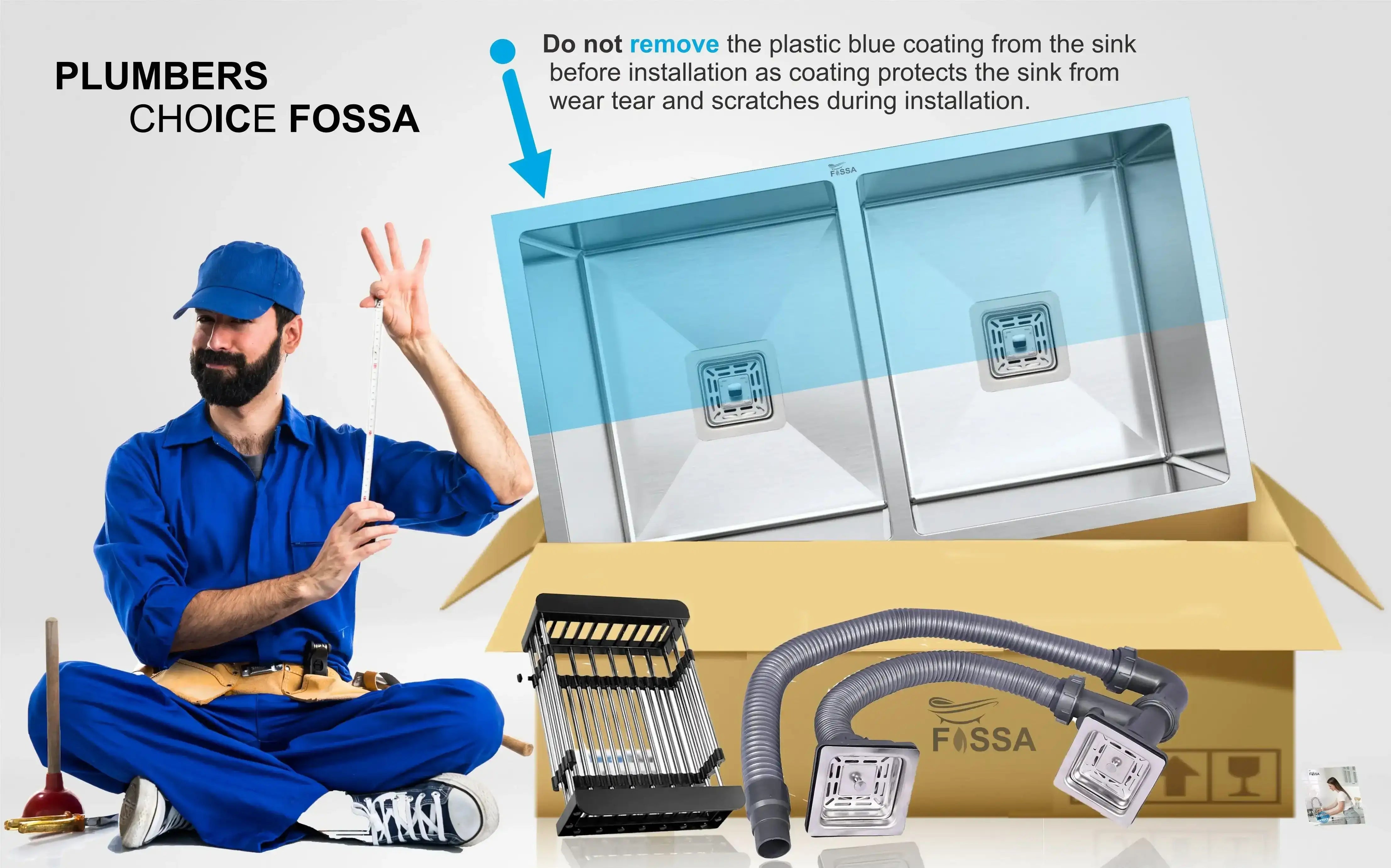 Fossa 45"x20"x10" Inch Double Bowl Premium Stainless Steel Handmade Kitchen Sink matt Finish Silver Fossa Home