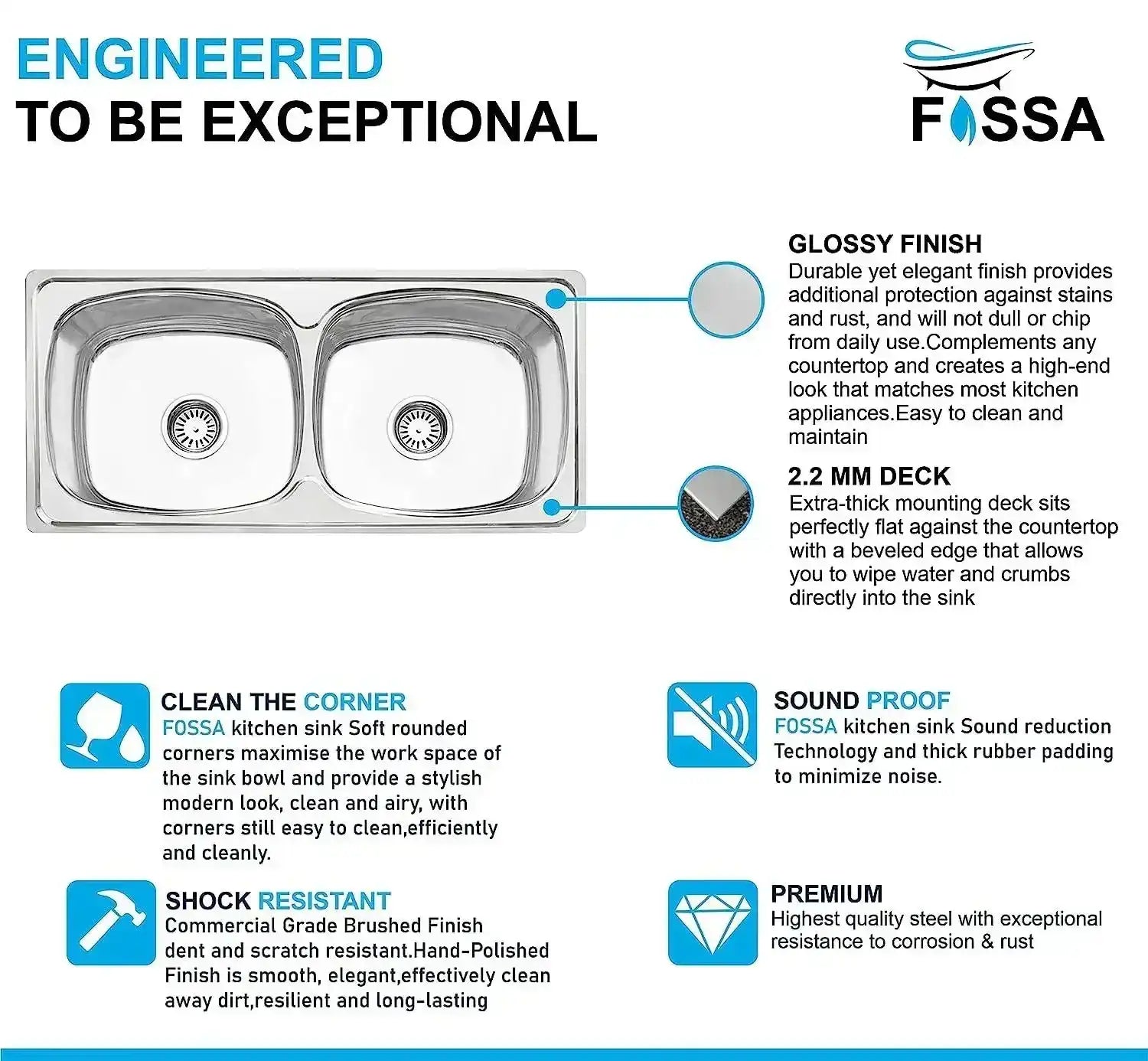 Fossa 45"x20"x10" inch Double Bowl 304 Grade Stainless Steel Kitchen Sink With SS Coupling Glossy Finish Fossa Home