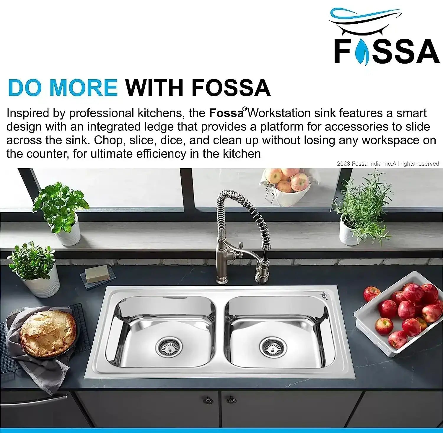 Fossa 45"x20"x10" inch Double Bowl 304 Grade Stainless Steel Kitchen Sink With SS Coupling Glossy Finish Fossa Home