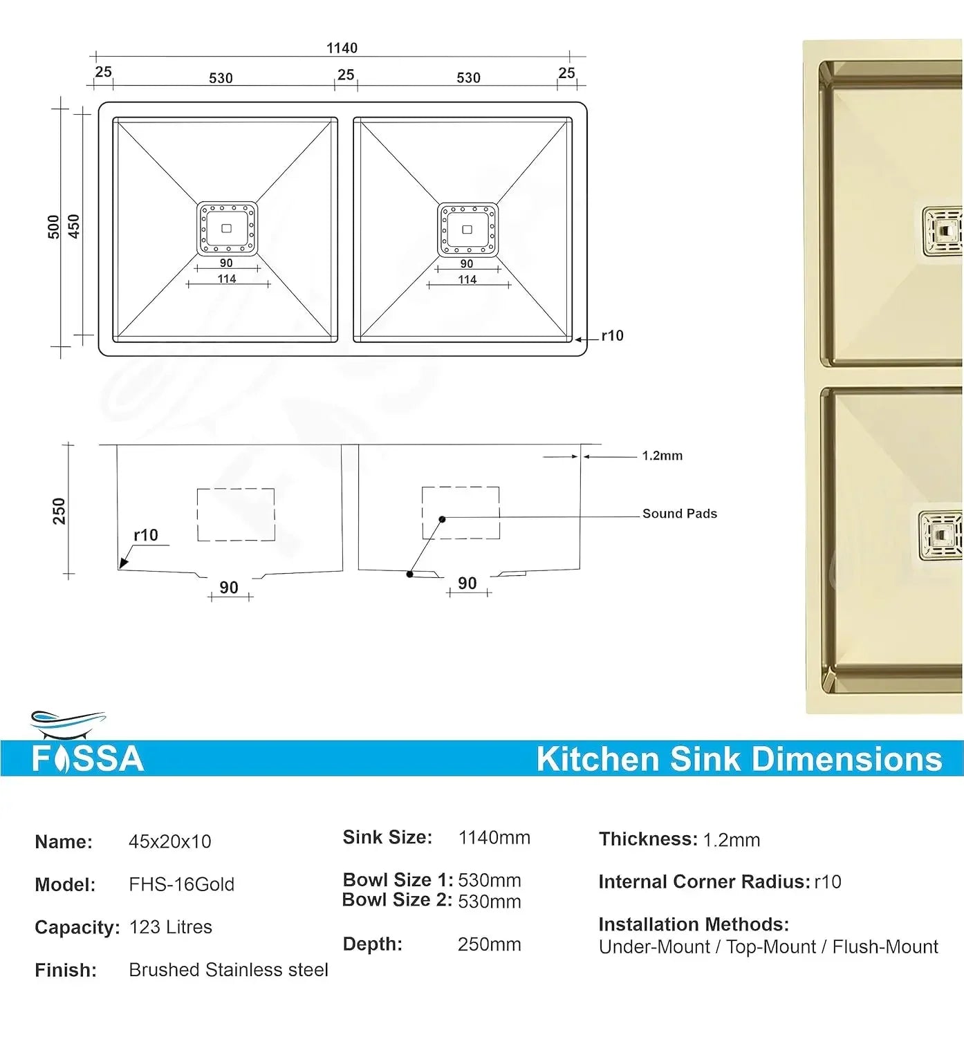 Fossa 45"x20"x10" Inch Double Bowl SS-304 Grade Stainless Steel Handmade kitchen Sink Gold Fossa Home