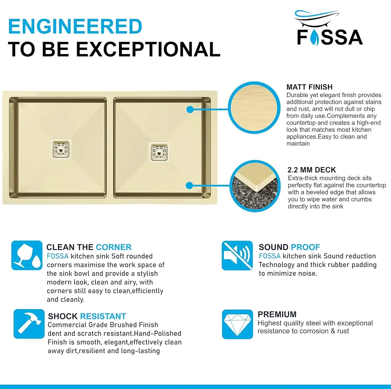 Fossa 45"x20"x10" Inch Double Bowl SS-304 Grade Stainless Steel Handmade kitchen Sink Gold Fossa Home