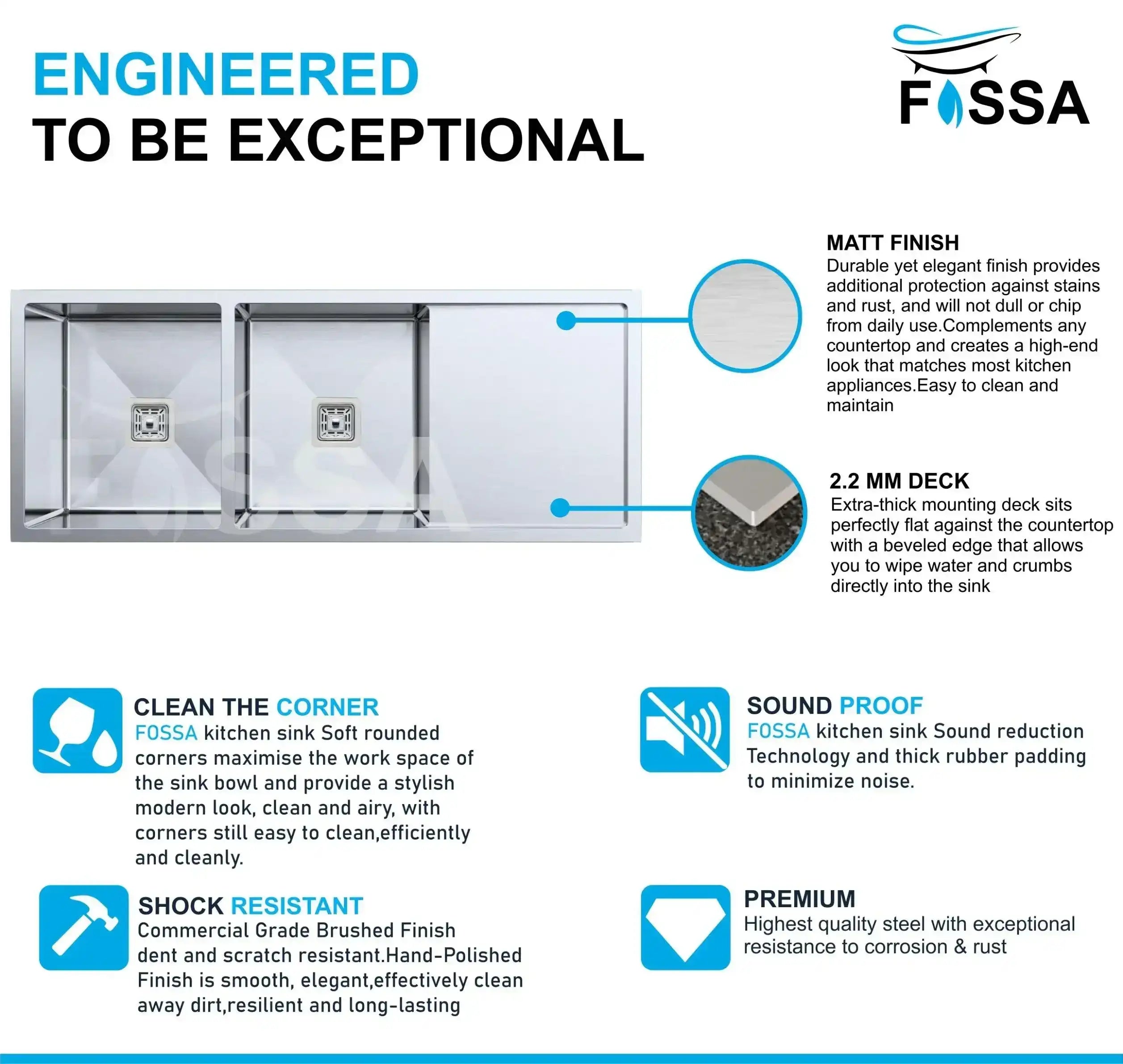 Fossa 45"x20"x10" Inch Double Bowl With Drain Board Premium Stainless Steel Handmade Kitchen Sink Matte Finish Fossa Home