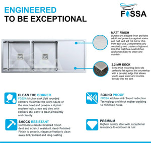 Fossa 45"x20"x10" Inch Double Bowl With Drain Board Premium Stainless Steel Handmade Kitchen Sink Matte Finish Fossa Home