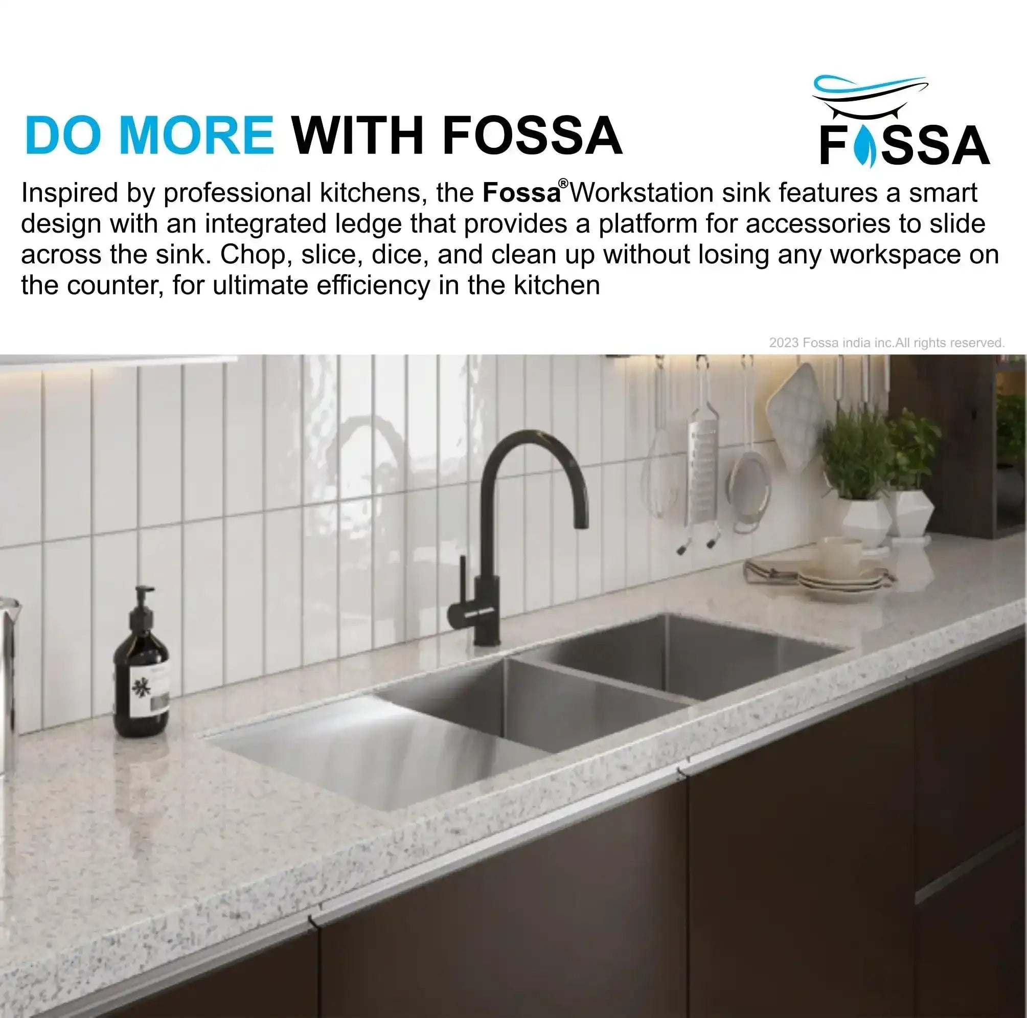 Fossa 45"x20"x10" Inch Double Bowl With Drain Board Premium Stainless Steel Handmade Kitchen Sink Matte Finish Fossa Home