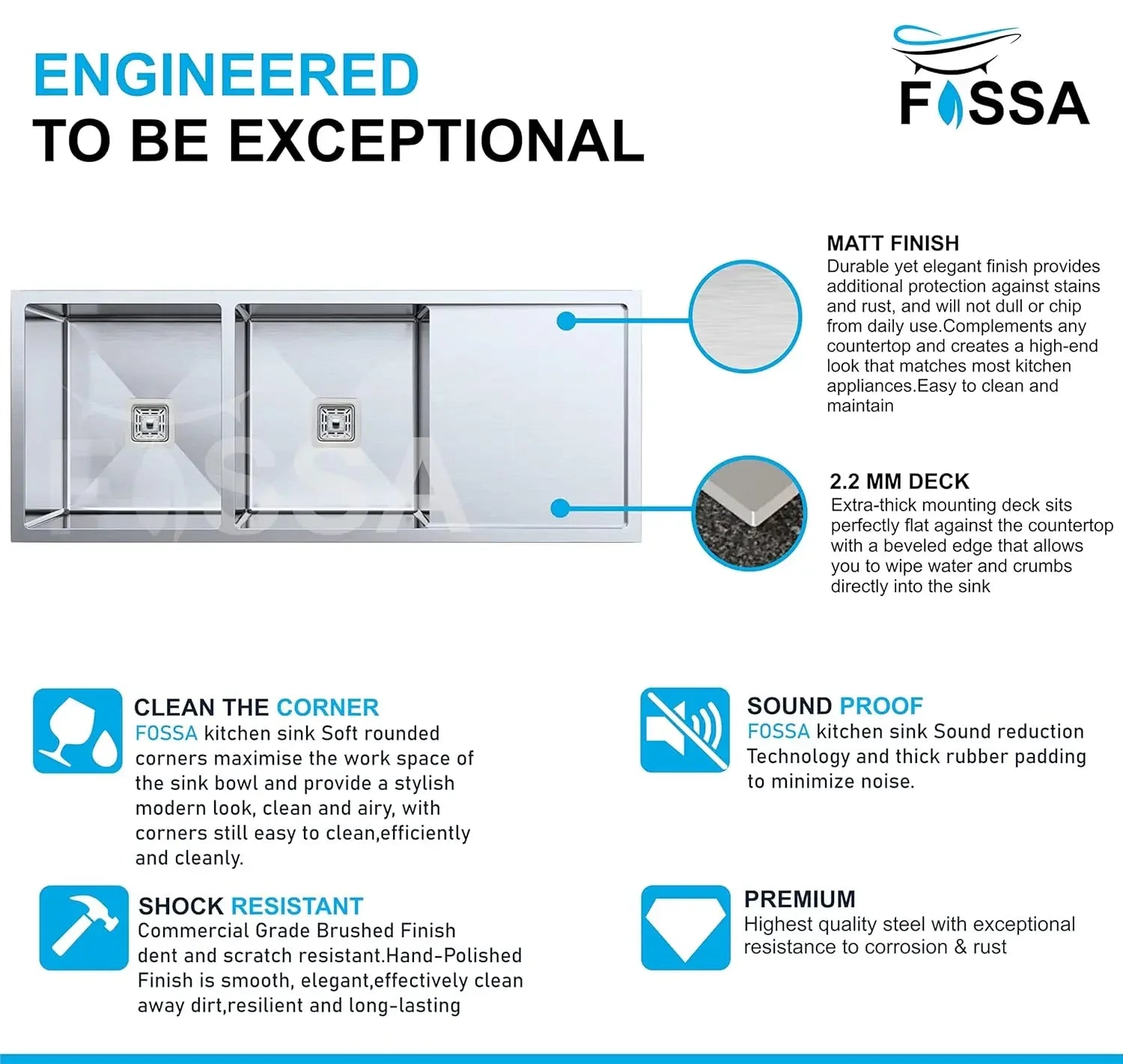Fossa 45"x20"x10" Inch Double Bowl With Drain Board SS-304 Grade Stainless Steel Handmade Kitchen Sink Matte Finish Silver Fossa Home