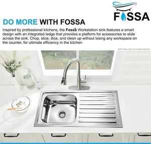 Fossa 45"x20"x10" inch Single Bowl With Drain Board 304 Grade Stainless Steel Kitchen Sink With SS Coupling Glossy Finish Fossa Home