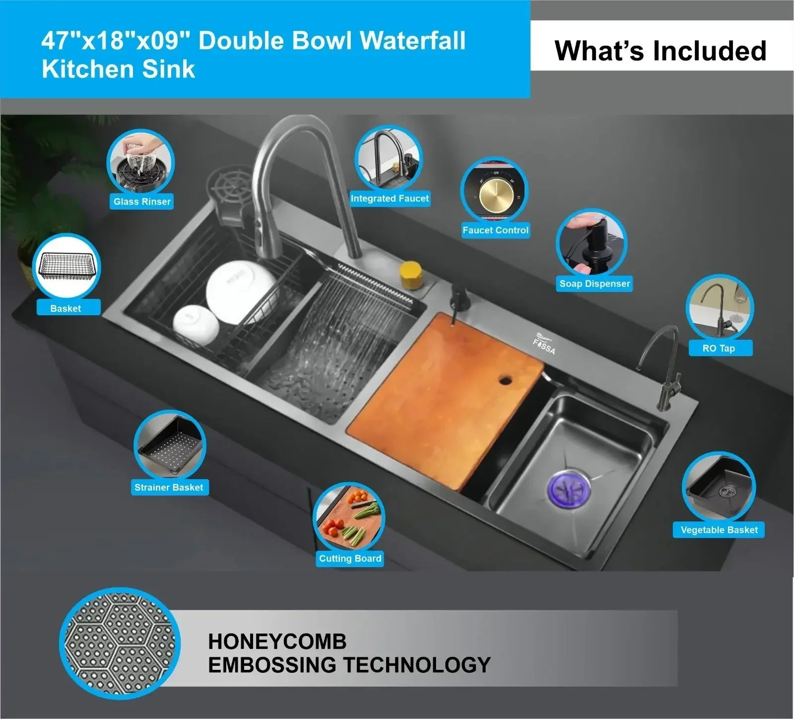 Fossa WaterFall Double Bowl 47"x18"x10" inch Premium Stainless Steel Handmade Kitchen Sink, Matte Finish, FS-WF3A Fossa Home