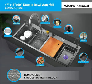 Fossa WaterFall Double Bowl 47"x18"x10" inch Premium Stainless Steel Handmade Kitchen Sink, Matte Finish, FS-WF3A Fossa Home