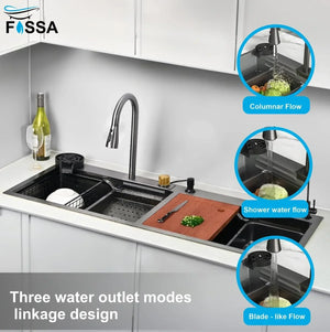 Fossa WaterFall Double Bowl 47"x18"x10" inch Premium Stainless Steel Handmade Kitchen Sink, Matte Finish, FS-WF3A Fossa Home