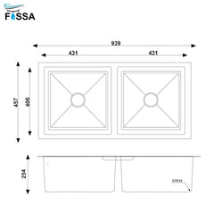 Fossa Premium Stainless Steel Handmade 37"x18"x10" Double Bowl Round Coupling Kitchen Sink Matte Finish Included Strainer-Basket,Sink Coupling,Waste Pipe Fossa Home