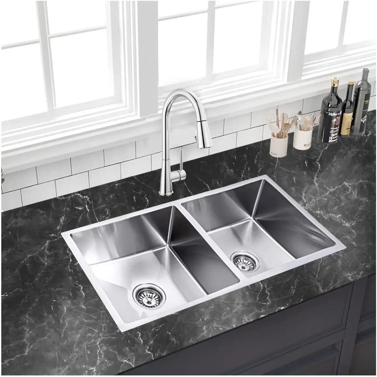 Fossa Premium Stainless Steel Handmade 37"x18"x10" Double Bowl Round Coupling Kitchen Sink Matte Finish Included Strainer-Basket,Sink Coupling,Waste Pipe Fossa Home