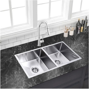 Fossa Premium Stainless Steel Handmade 37"x18"x10" Double Bowl Round Coupling Kitchen Sink Matte Finish Included Strainer-Basket,Sink Coupling,Waste Pipe Fossa Home