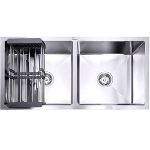 Fossa Premium Stainless Steel Handmade 37"x18"x10" Double Bowl Round Coupling Kitchen Sink Matte Finish Included Strainer-Basket,Sink Coupling,Waste Pipe Fossa Home