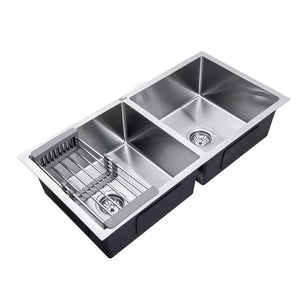 Fossa Premium Stainless Steel Handmade 37"x18"x10" Double Bowl Round Coupling Kitchen Sink Matte Finish Included Strainer-Basket,Sink Coupling,Waste Pipe Fossa Home