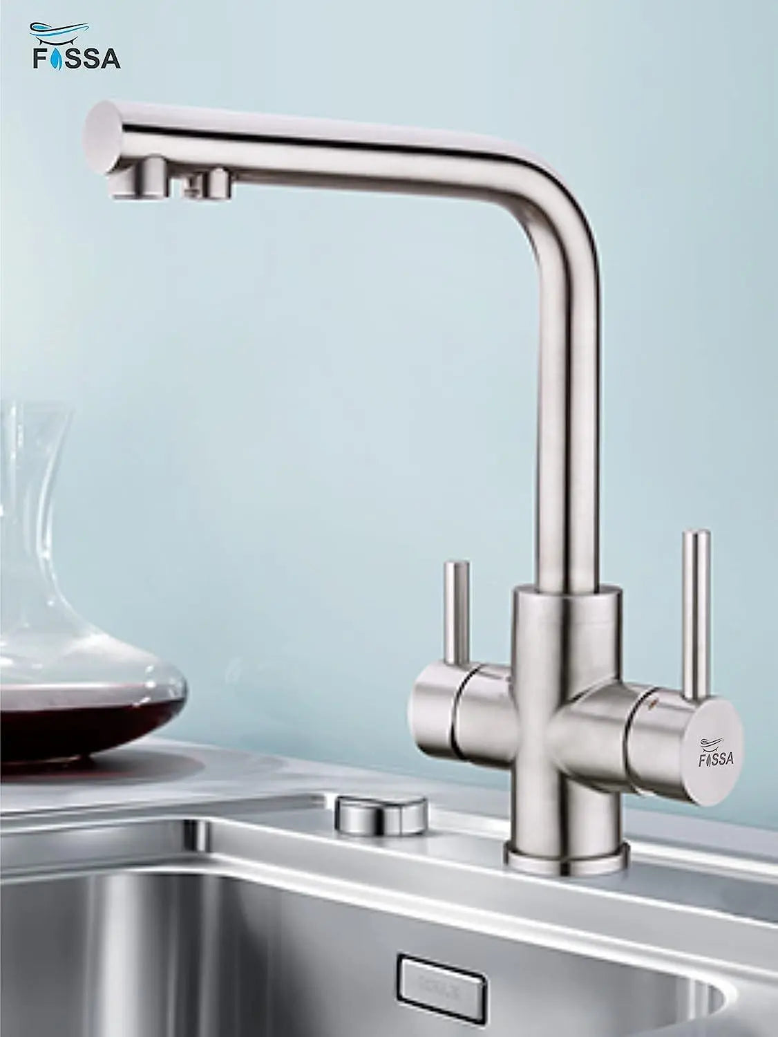Fossa 3 Way Kitchen Mixer Taps with Drinking Water Filter Tap, Solid Stainless Steel Dual Handle Cold and Hot Water Kitchen Mixer ( Silver ) Fossa Home