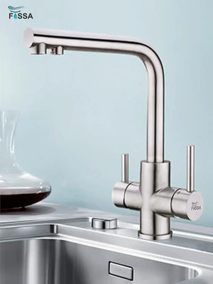Fossa 3 Way Kitchen Mixer Taps with Drinking Water Filter Tap, Solid Stainless Steel Dual Handle Cold and Hot Water Kitchen Mixer ( Silver ) Fossa Home