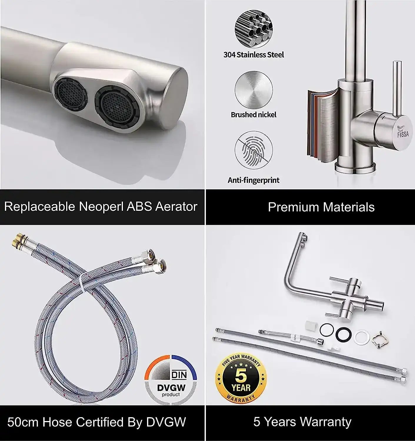 Fossa 3 Way Kitchen Mixer Taps with Drinking Water Filter Tap, Solid Stainless Steel Dual Handle Cold and Hot Water Kitchen Mixer ( Silver ) Fossa Home