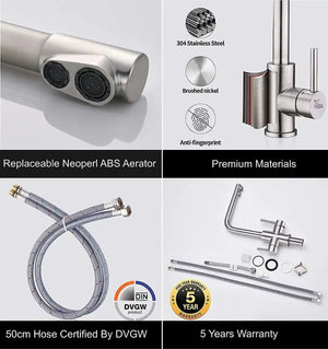 Fossa 3 Way Kitchen Mixer Taps with Drinking Water Filter Tap, Solid Stainless Steel Dual Handle Cold and Hot Water Kitchen Mixer ( Silver ) Fossa Home