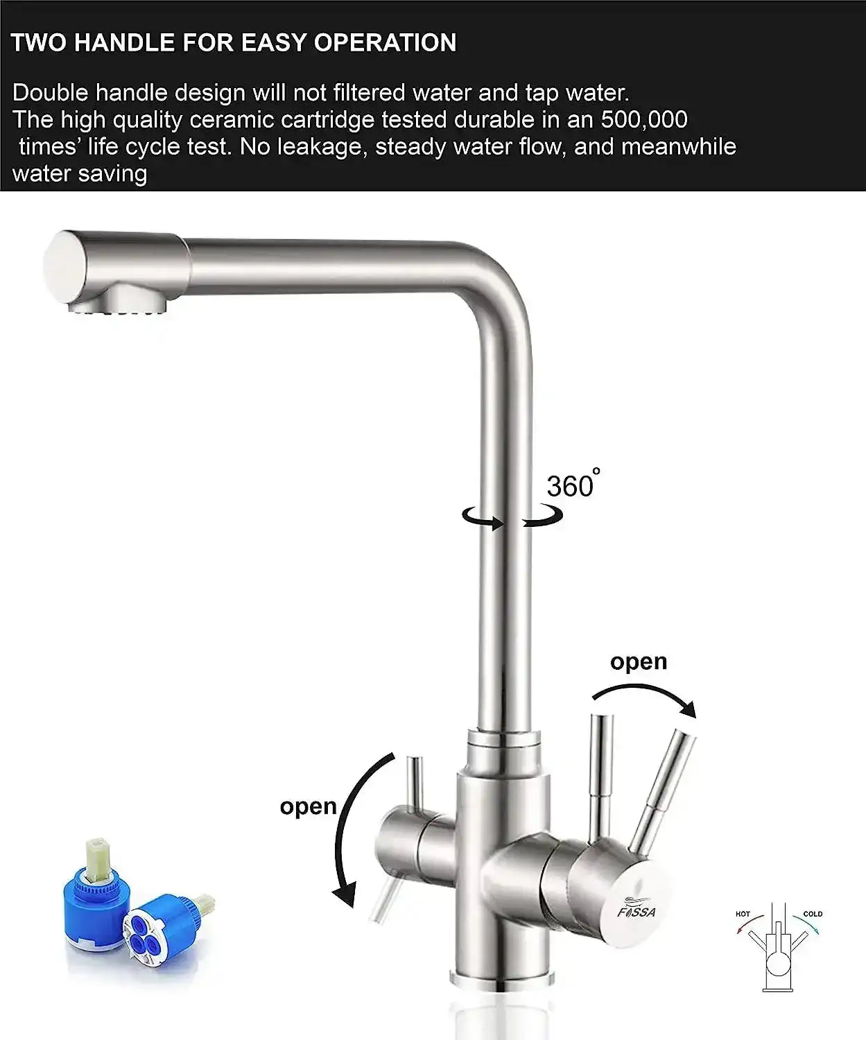 Fossa 3 Way Kitchen Mixer Taps with Drinking Water Filter Tap, Solid Stainless Steel Dual Handle Cold and Hot Water Kitchen Mixer ( Silver ) Fossa Home