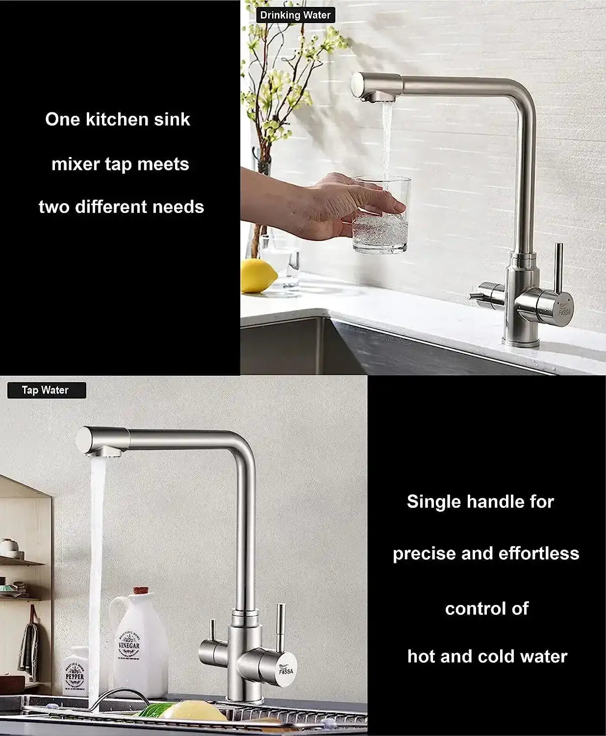 Fossa 3 Way Kitchen Mixer Taps with Drinking Water Filter Tap, Solid Stainless Steel Dual Handle Cold and Hot Water Kitchen Mixer ( Silver ) Fossa Home