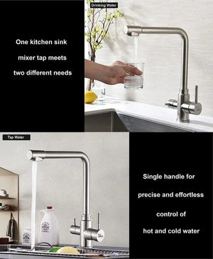 Fossa 3 Way Kitchen Mixer Taps with Drinking Water Filter Tap, Solid Stainless Steel Dual Handle Cold and Hot Water Kitchen Mixer ( Silver ) Fossa Home