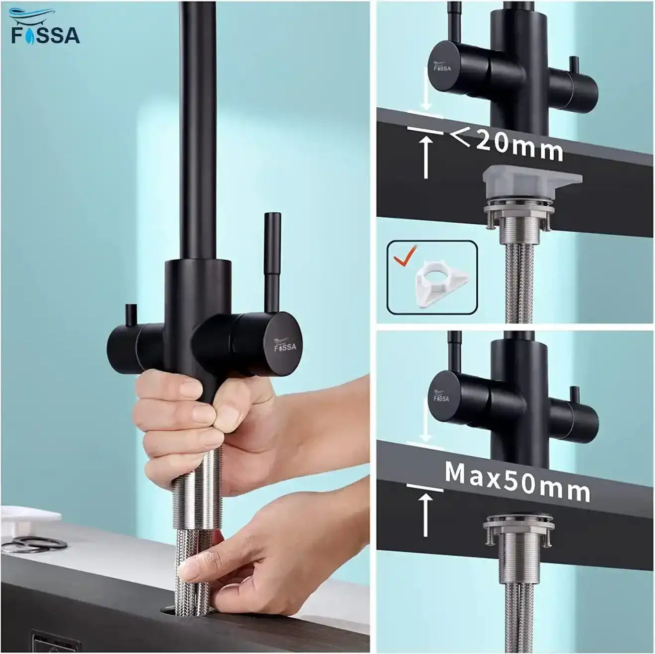 Fossa 3-Way Kitchen Tap, 360° Swivel, Kitchen Mixer Tap for, 3-in-1 High Pressure Tap, Drinking Tap with Hot & Cold Water Fossa Home