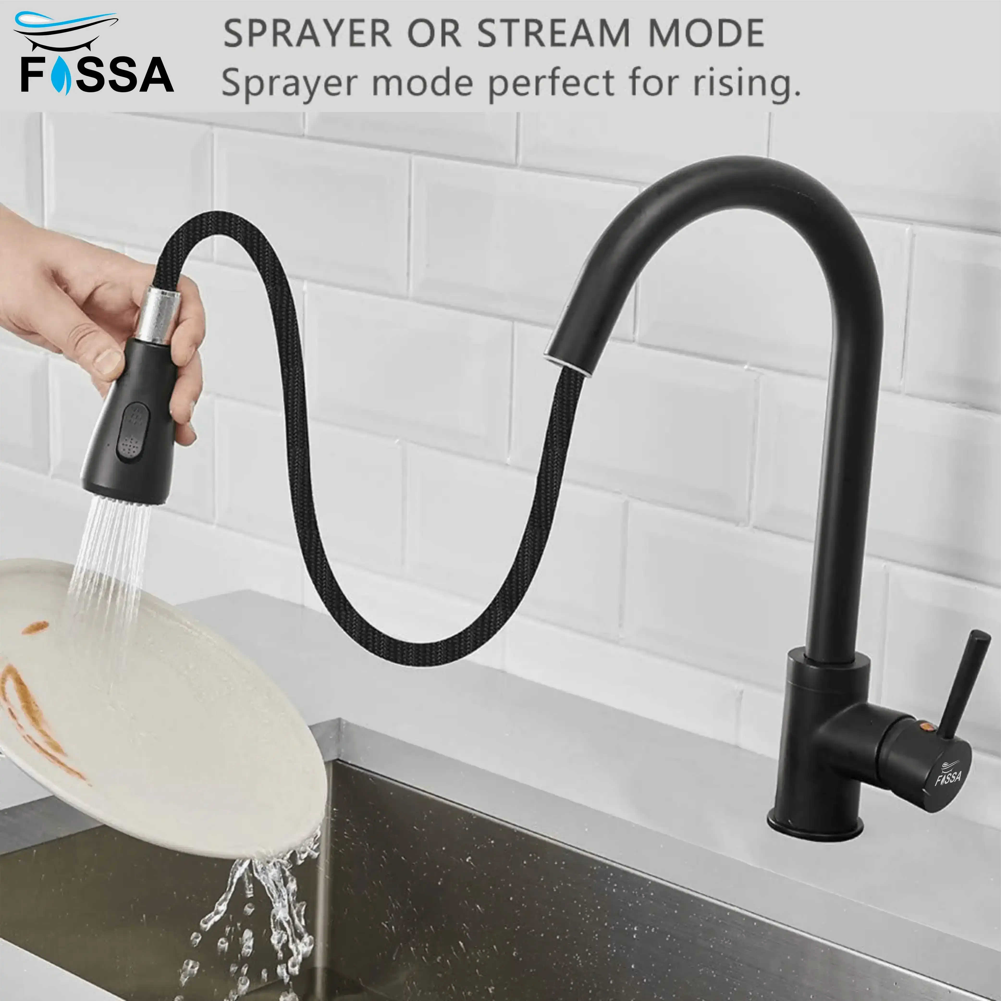 Fossa Kitchen Sink Mixer Tap with Pull Down Sprayer, Single Handle High Pull Out Kitchen Taps, Single Level Stainless Steel Black ( Light Weight ) Fossa Home