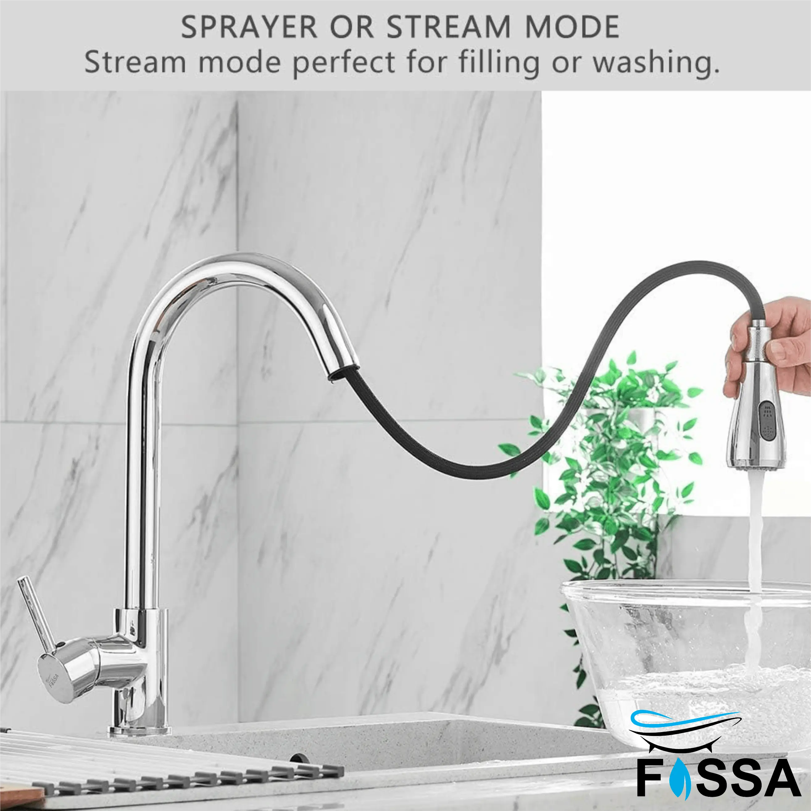 Fossa Kitchen Sink Mixer Tap with Pull Down Sprayer, Single Handle High Pull Out Kitchen Taps, Single Level Stainless Steel Chrome ( Light Weight ) Fossa Home
