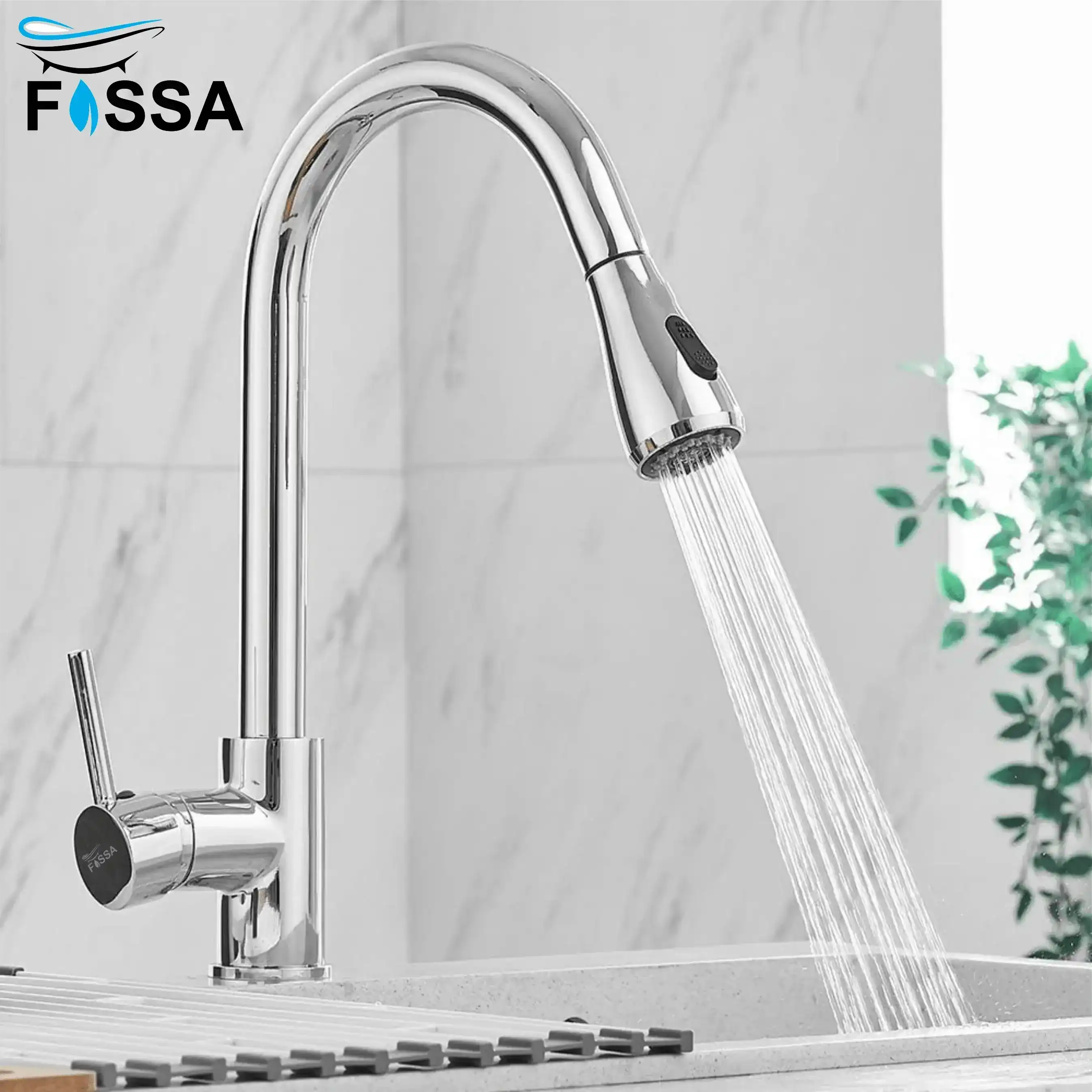 Fossa Kitchen Sink Mixer Tap with Pull Down Sprayer, Single Handle High Pull Out Kitchen Taps, Single Level Stainless Steel Chrome ( Light Weight ) Fossa Home