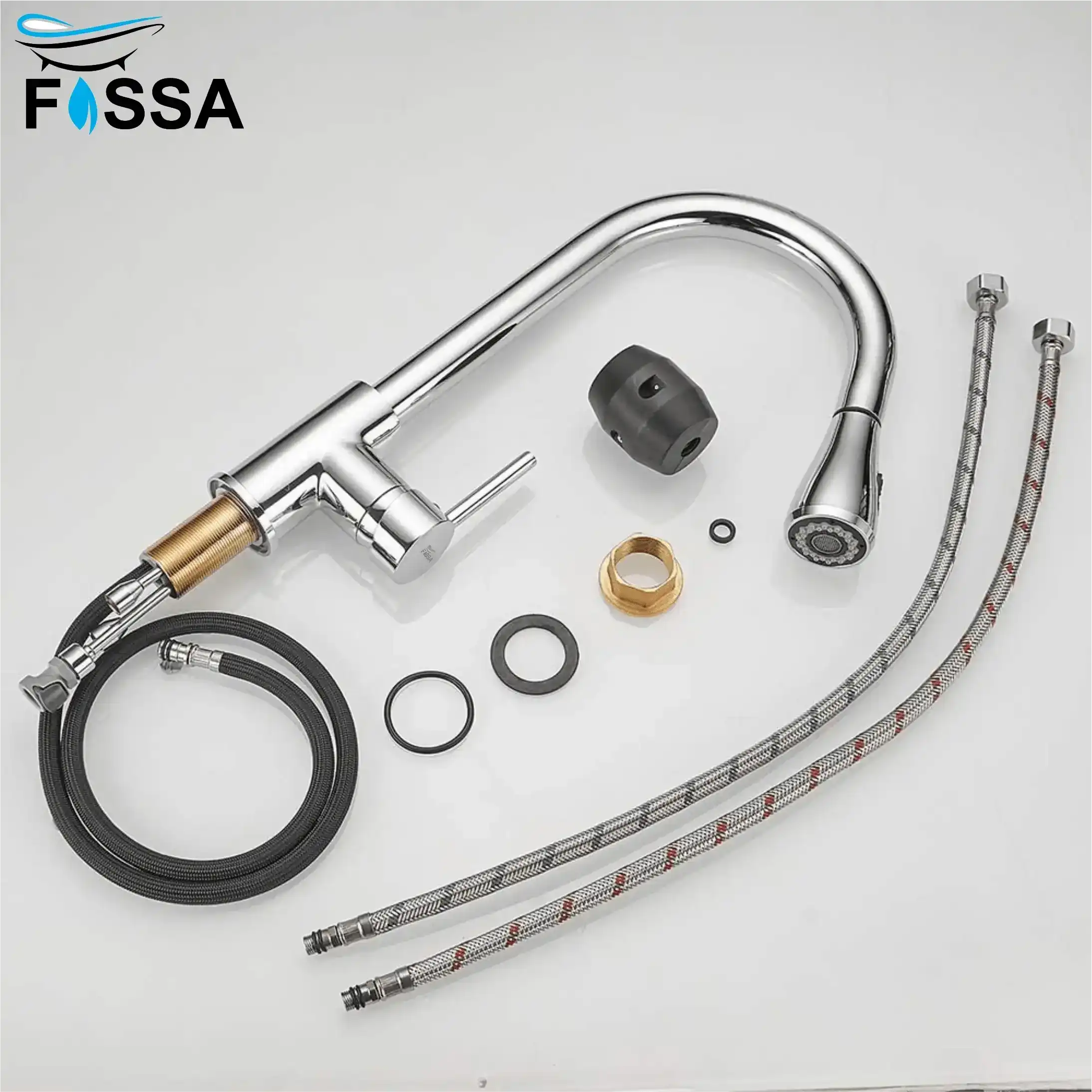 Fossa Kitchen Sink Mixer Tap with Pull Down Sprayer, Single Handle High Pull Out Kitchen Taps, Single Level Stainless Steel Chrome ( Light Weight ) Fossa Home