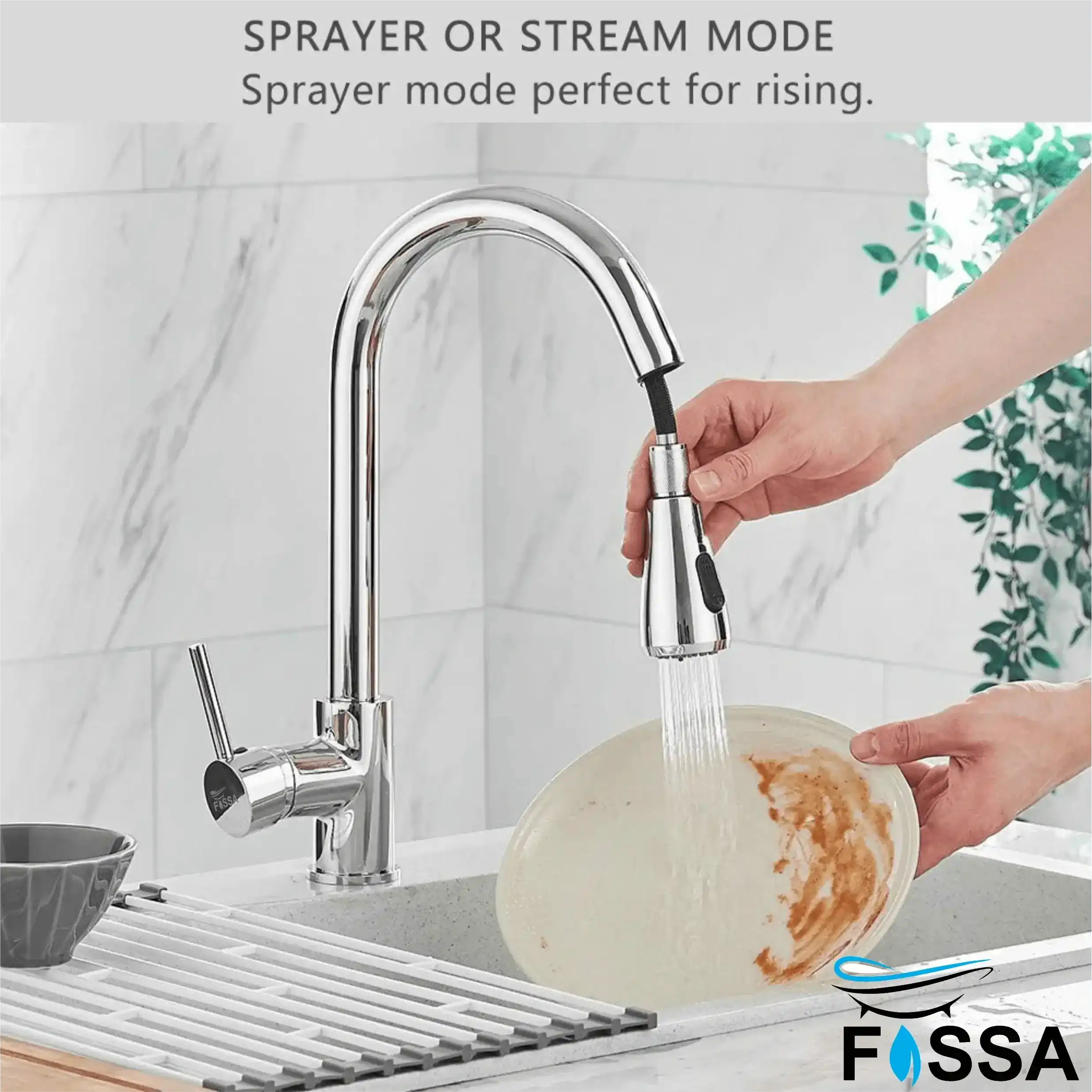 Fossa Kitchen Sink Mixer Tap with Pull Down Sprayer, Single Handle High Pull Out Kitchen Taps, Single Level Stainless Steel Chrome ( Light Weight ) Fossa Home