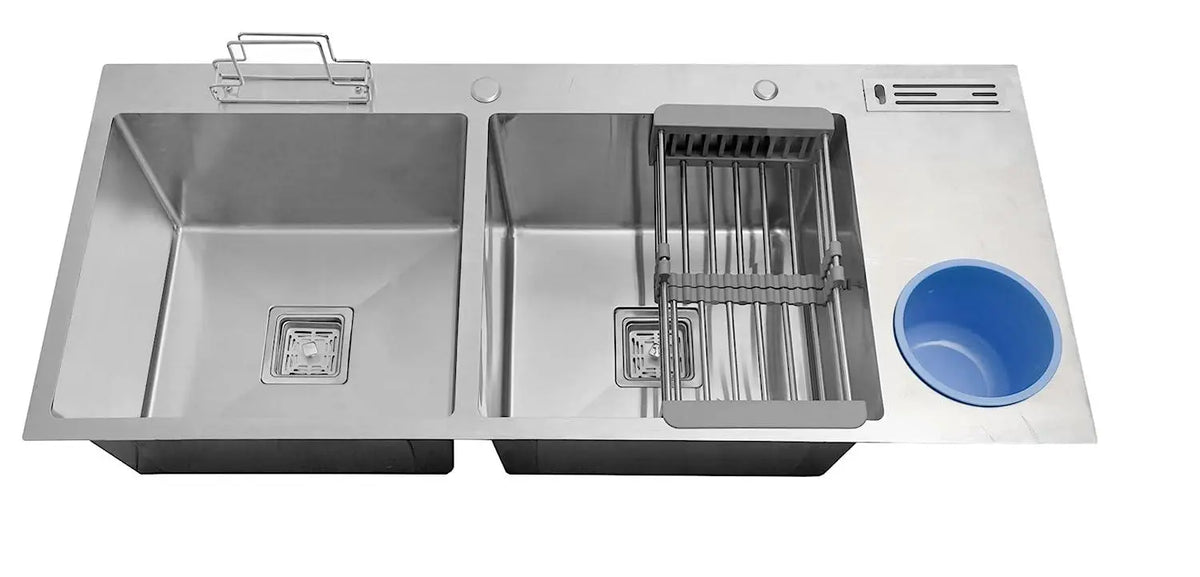 Fossa 45"x20"x10" Inch Double Bowl With Dustbin Stainless Steel Handmade Kitchen Sink Matte Finish Fossa Home