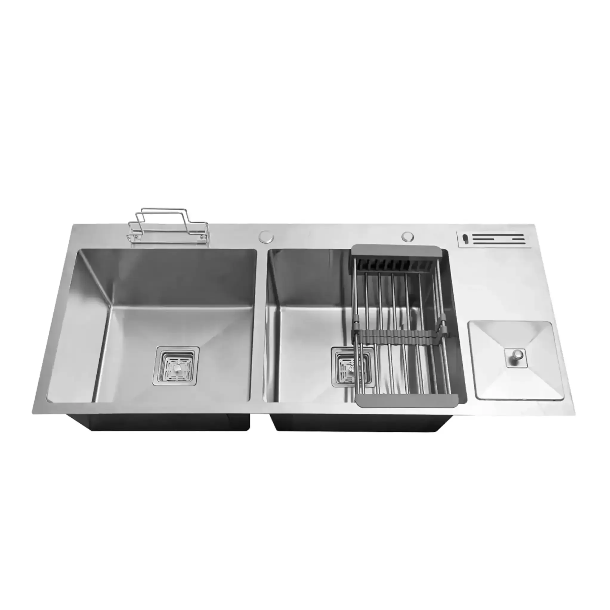 Premium 45 x 20 x 10 Inch Double Bowl Handmade Kitchen Sink with Dustbin,Silver Stainless Steel - Fossa Home 