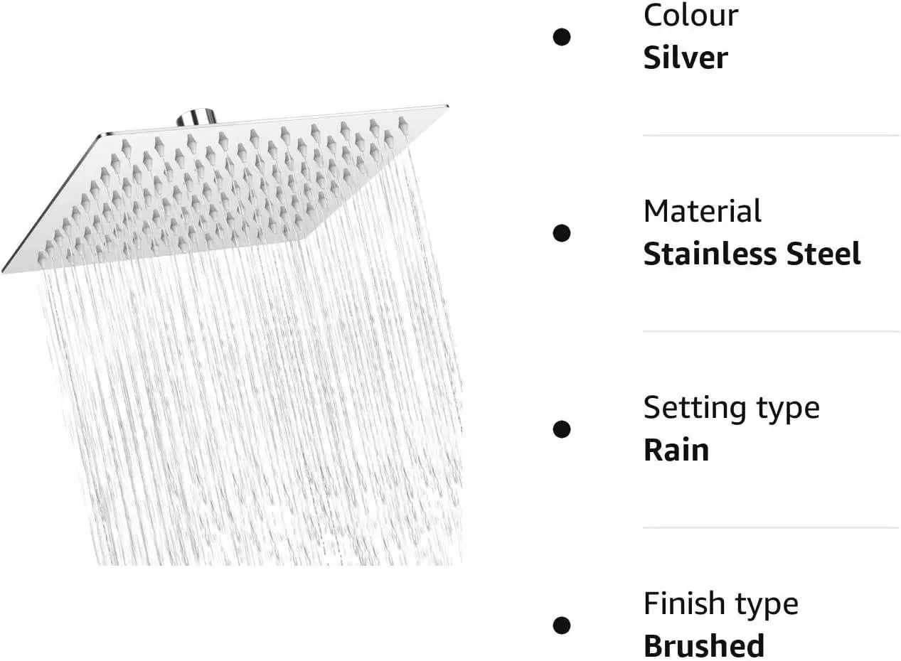 Fossa 8x8 Rain Overhead Shower Square 304 Stainless Steel Rain Showers Overhead Wall Mounted, Without Arm UOHS-003 Fossa Home