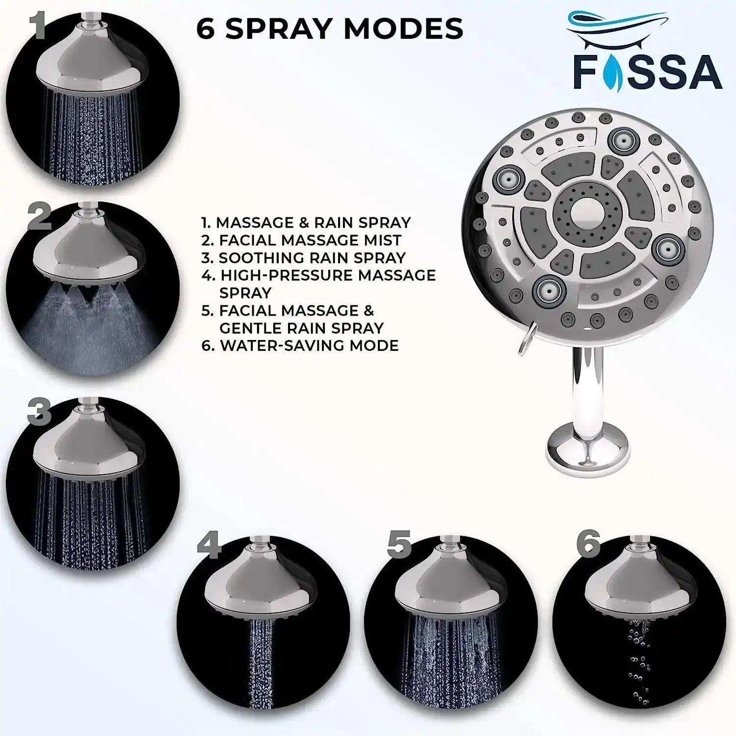 Fossa Fixed Shower Head | High Pressure Showerhead 6 Spray Settings 5 inch Adjustable Shower Head Saturating Massage bubbling saturating & Massage... Fossa Home