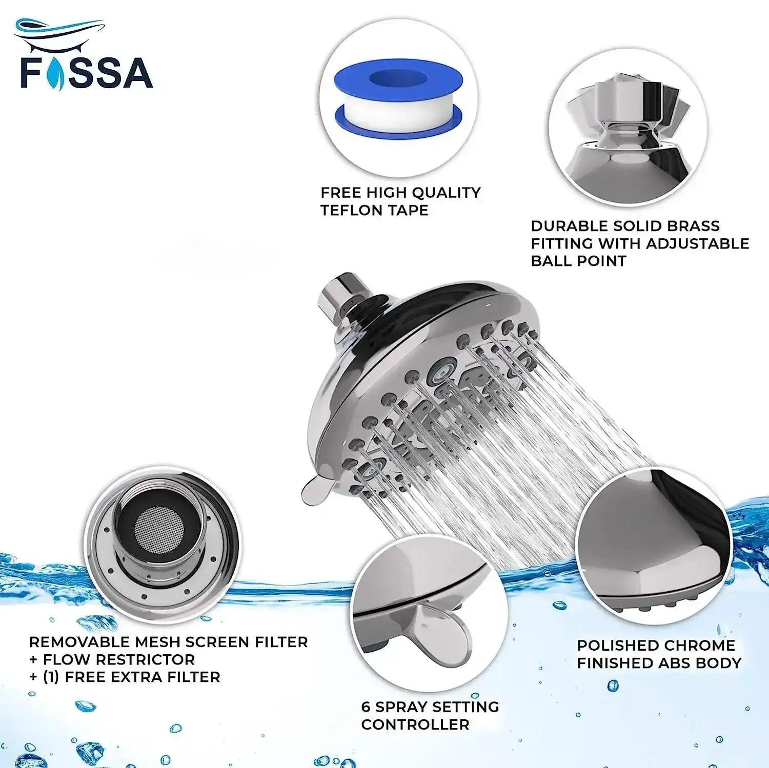 Fossa Fixed Shower Head | High Pressure Showerhead 6 Spray Settings 5 inch Adjustable Shower Head Saturating Massage bubbling saturating & Massage saturating & bubbling Water Saving Spray Fossa Home